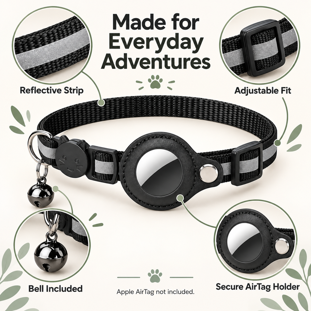 Black pet collar with reflective gray stripes, silver bell, and circular AirTag holder, shown on a light beige background with feature callout circles and text reading 'Made for Everyday Adventures,' 'Reflective Strip,' 'Adjustable Fit,' 'Bell Included,' and 'Secure AirTag Holder.'.