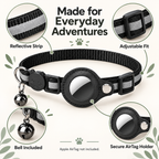 Black pet collar with reflective gray stripes, silver bell, and circular AirTag holder, shown on a light beige background with feature callout circles and text reading 'Made for Everyday Adventures,' 'Reflective Strip,' 'Adjustable Fit,' 'Bell Included,' and 'Secure AirTag Holder.'.