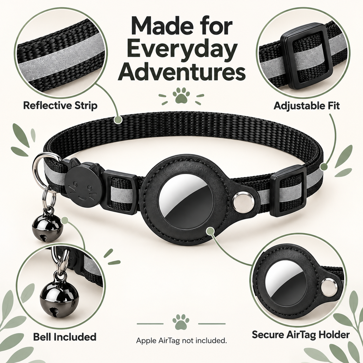 Black pet collar with reflective gray stripes, silver bell, and circular AirTag holder, shown on a light beige background with feature callout circles and text reading 'Made for Everyday Adventures,' 'Reflective Strip,' 'Adjustable Fit,' 'Bell Included,' and 'Secure AirTag Holder.'.