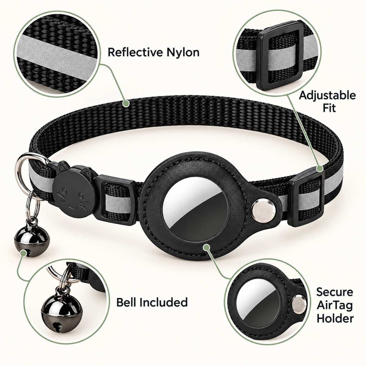 Black pet collar with reflective silver stripes, a black bell, and a circular airTag holder, shown on a light background with callout circles labeled Reflective Nylon, Adjustable Fit, Bell Included, and Secure AirTag Holder.