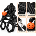 Black pet harness shown on a small black dog figurine, with four inset close-ups highlighting adjustable black buckles, textured nylon strap material, a metal swivel clip, and an orange pumpkin charm held by the dog's front paw. Text labels identify each feature.