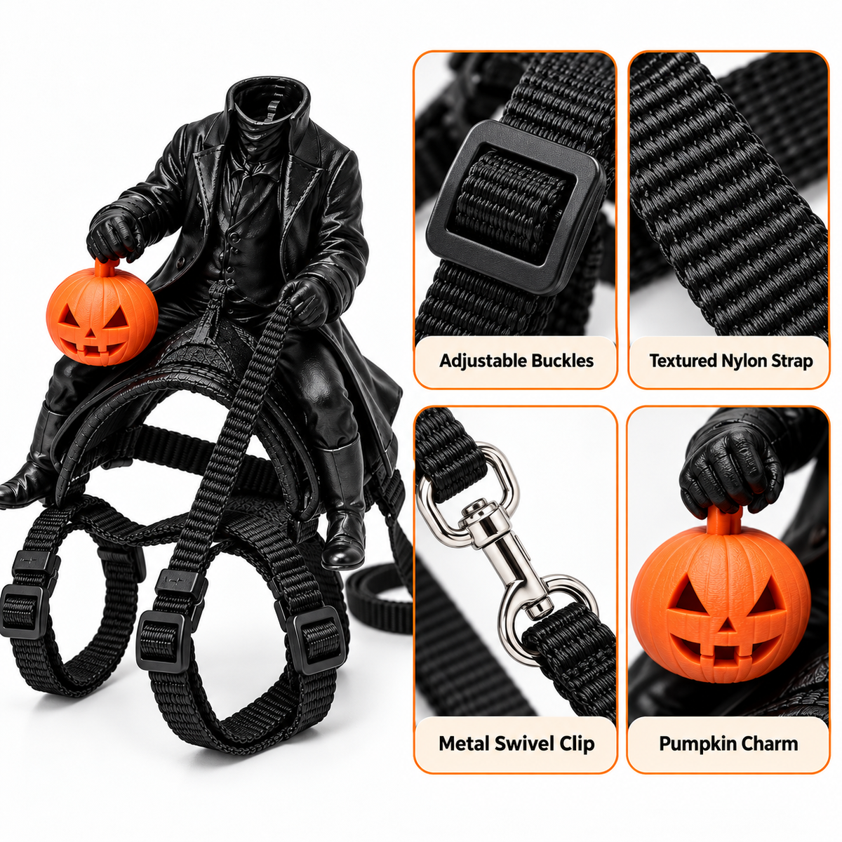 Black pet harness shown on a small black dog figurine, with four inset close-ups highlighting adjustable black buckles, textured nylon strap material, a metal swivel clip, and an orange pumpkin charm held by the dog's front paw. Text labels identify each feature.