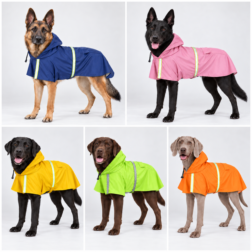 Five dogs shown in a 2x3 grid wearing hooded rain jackets in different colors: navy blue, pink, yellow, neon green, and orange. Each panel has a light gray studio background, and the jackets have reflective light strips.