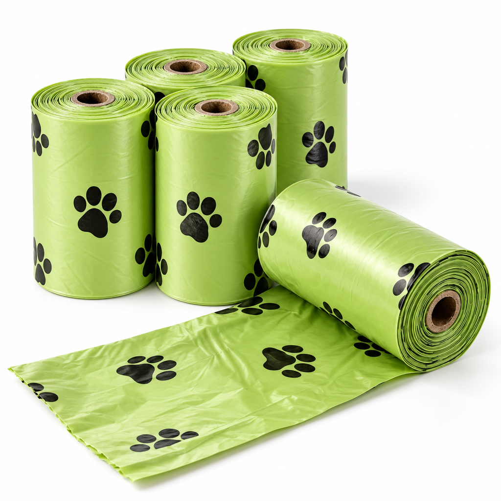 Five rolls of bright green plastic bag liners with black paw print patterns, with one roll unrolled to show the pattern on a white background.