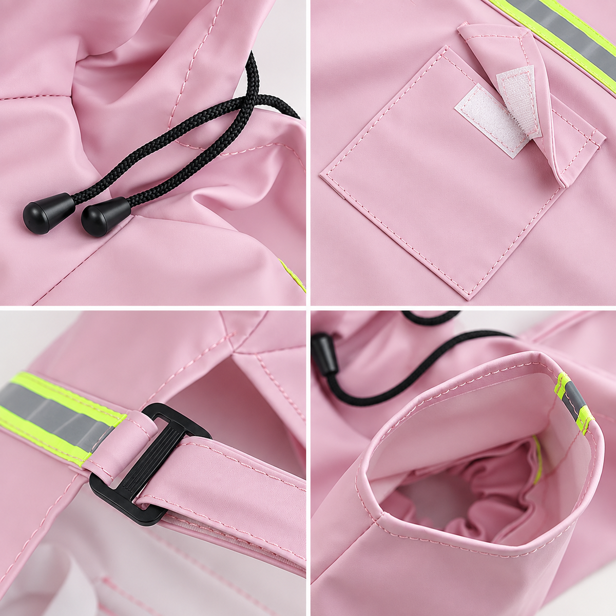 Four-panel close-up collage of a light pink raincoat or waterproof jacket, showing the hood with black drawstrings, a pocket with a hook-and-loop flap, a reflective strip detail, and the interior opening.