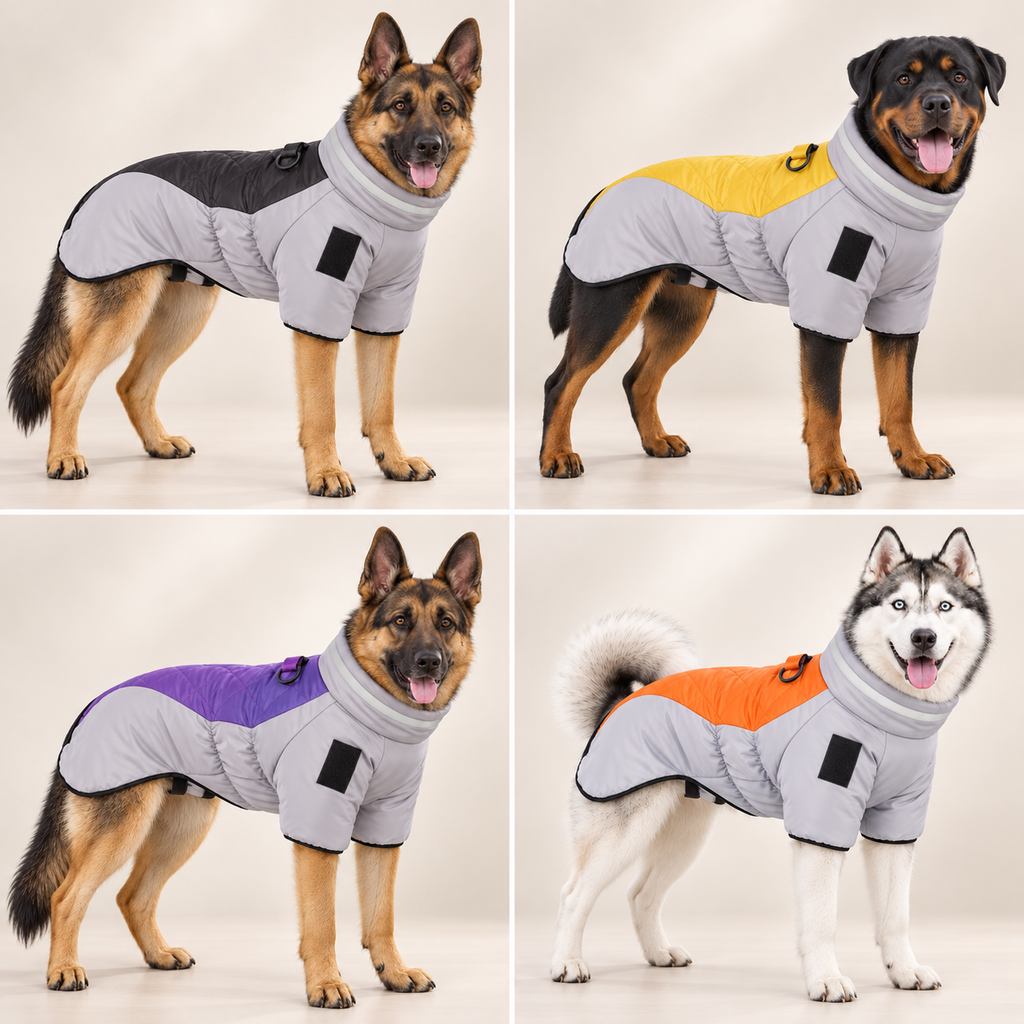 Four dogs wearing dog jackets in a 2x2 grid: German Shepherd with black and gray, Rottweiler with yellow and gray, German Shepherd with purple and gray, and Husky with orange and gray. The jackets are light gray with different colored panels and black patches.