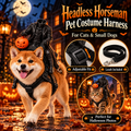 Halloween pet costume harness set shown on a Shiba Inu dog and a tabby cat in a spooky haunted-house scene. The product is a black headless horseman costume harness with an included leash, with two circular inset detail views.