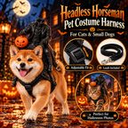 Halloween pet costume harness set shown on a Shiba Inu dog and a tabby cat in a spooky haunted-house scene. The product is a black headless horseman costume harness with an included leash, with two circular inset detail views.