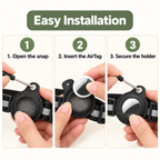 Instruction graphic showing how to install an AirTag holder on a black strap. The top header reads 'Easy Installation' and the three panels are numbered 1 to 3 with text: '1.