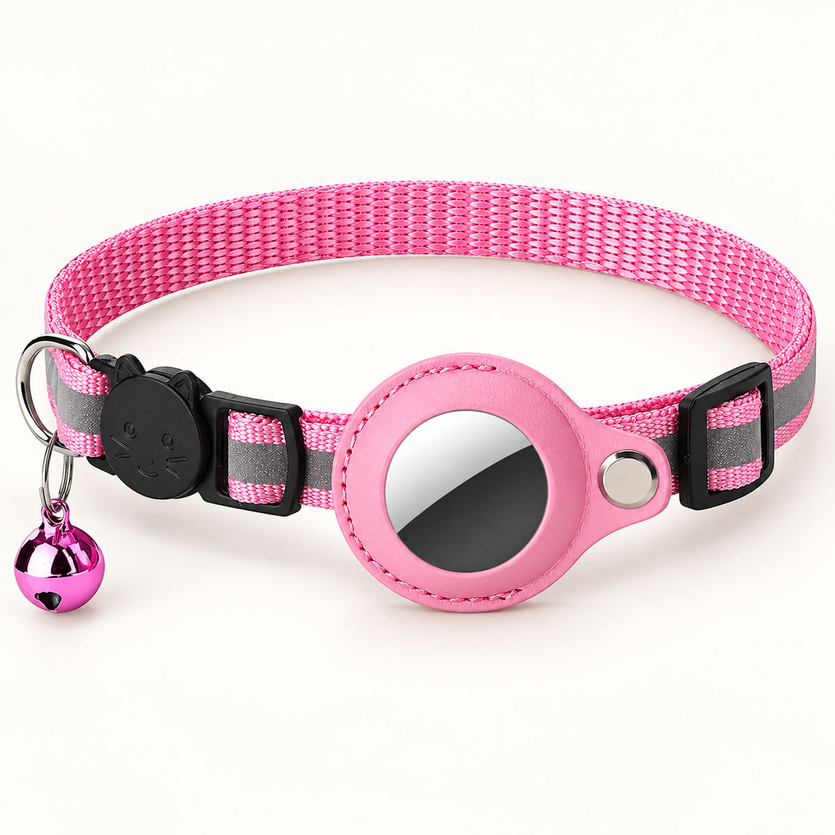Pink pet collar with a central oval mirror, black plastic buckles, gray reflective stripes, and a small hanging pink bell, shown on a clean white background.