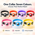 Seven pet collars in different colors (black, orange, purple, red, pink, blue, yellow) arranged on white pedestals. The text at the top reads 'One Collar.