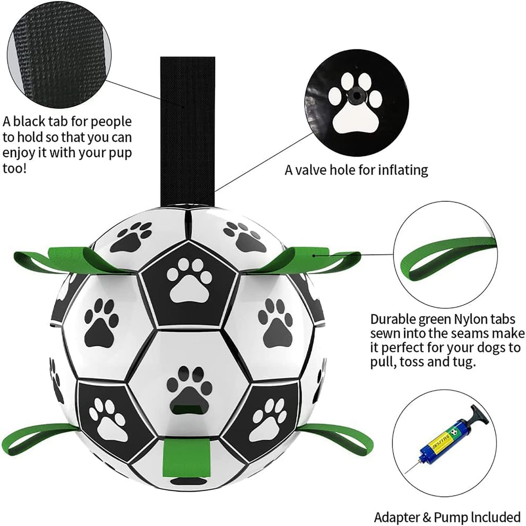 Soccer ball-shaped pet toy with paw prints, green tabs, and valve hole on a white background.