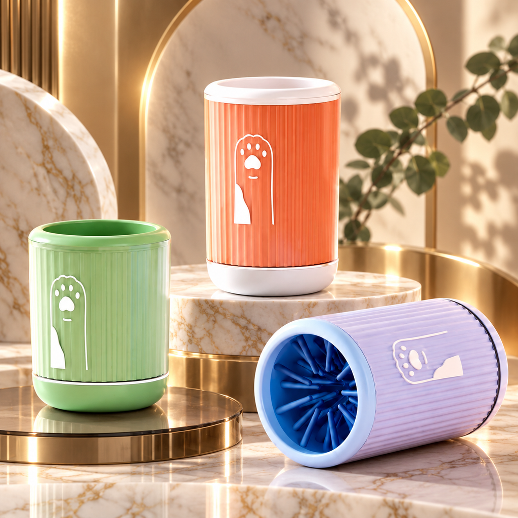 Three cylindrical pet grooming brushes in green, orange, and lavender purple, each with a white paw-print logo, displayed on a marble and gold decorative set.