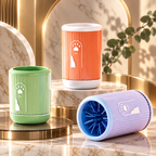 Three cylindrical pet grooming brushes in green, orange, and lavender purple, each with a white paw-print logo, displayed on a marble and gold decorative set.