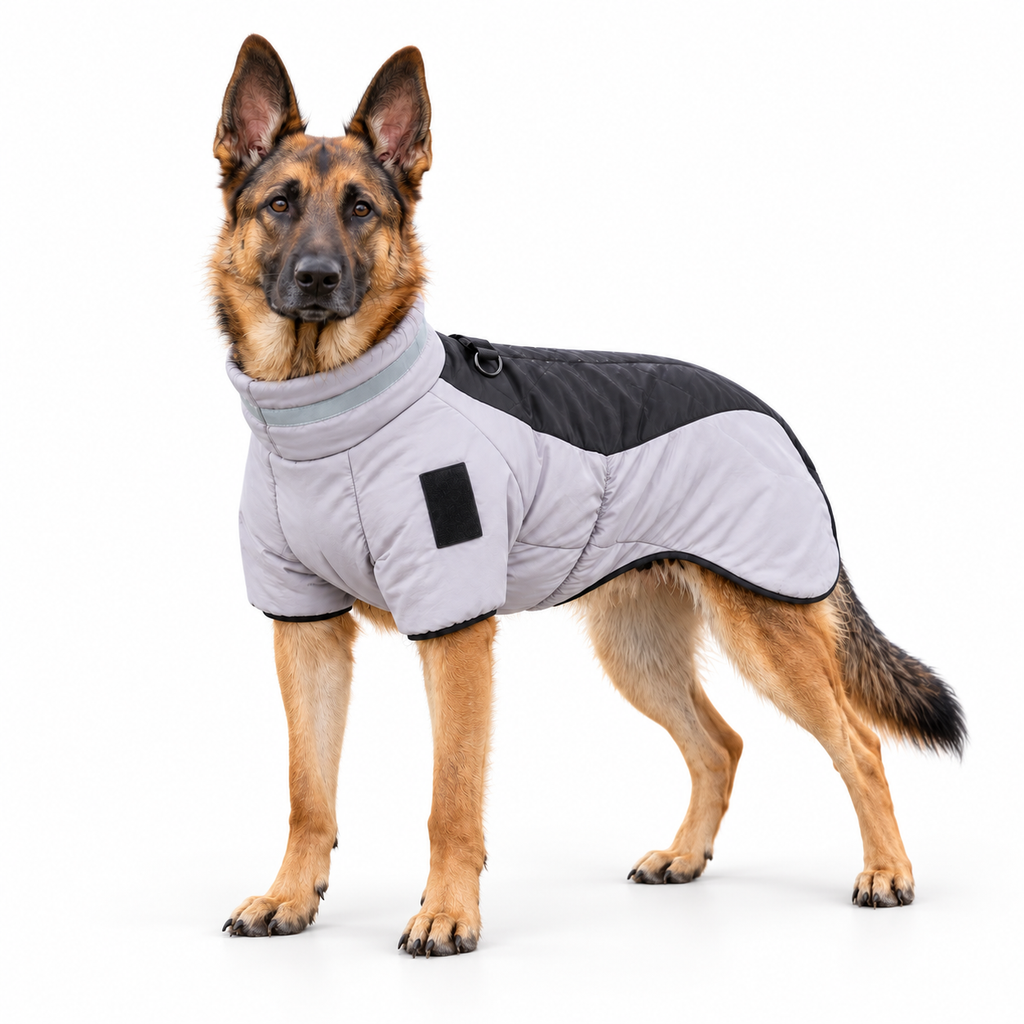 German Shepherd wearing the StormShield™ Plush Winter Dog Jacket in grey and black, showcasing the high collar, waterproof outer shell, and warm fit.
