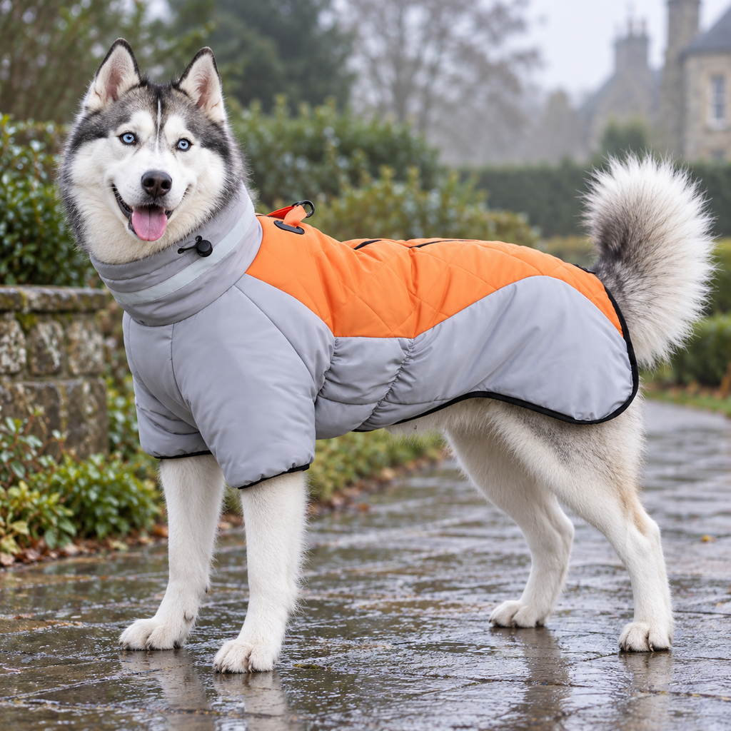 Siberian Husky wearing the StormShield™ Plush Winter Dog Jacket in grey and orange, showcasing the high collar, waterproof shell, and warm insulated fit.
