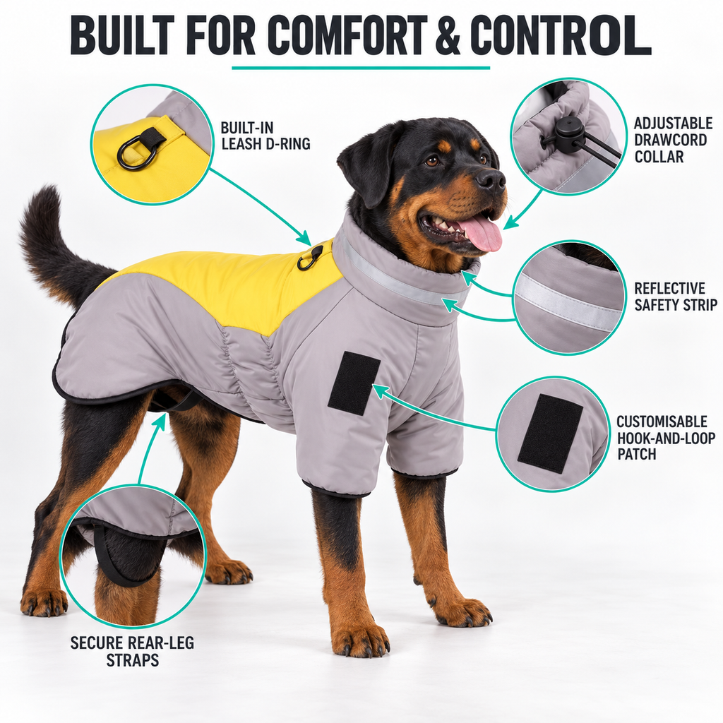 Infographic highlighting the features of the StormShield™ Winter Dog Jacket on a Rottweiler, including the built-in leash D-ring, adjustable drawcord collar, reflective safety strip, hook-and-loop patch, and secure rear-leg straps.