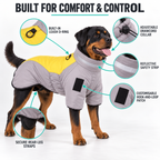 Infographic highlighting the features of the StormShield™ Winter Dog Jacket on a Rottweiler, including the built-in leash D-ring, adjustable drawcord collar, reflective safety strip, hook-and-loop patch, and secure rear-leg straps.