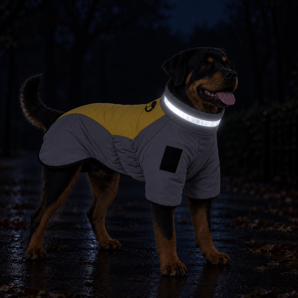 Infographic highlighting the features of the StormShield™ Winter Dog Jacket on a Rottweiler, including the built-in leash D-ring, adjustable drawcord collar, reflective safety strip, hook-and-loop patch, and secure rear-leg straps.